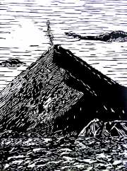 Guadalupe del Valle, Fuego Volcano,50 x 40 cm. xylography