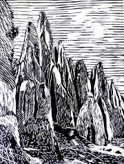 Guadalupe del Valle, Momostenango cliffs, 50 x ro cm. xylography on paper. 2017