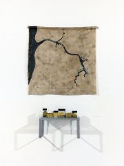 A Body Trying to Heal (on wall); samples of creek shore soils & ink made from soil (on shelf), 2024-26