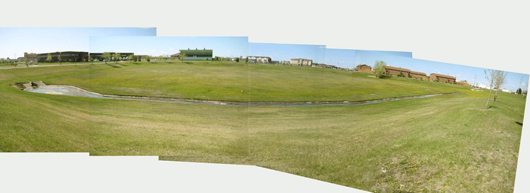 Panorama of the stormwater detention basin at Rabanus Park.